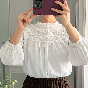 Prairie Vintage Inspired Cotton Ruffle Lace Pleated Balloon Sleeve Peasant Top